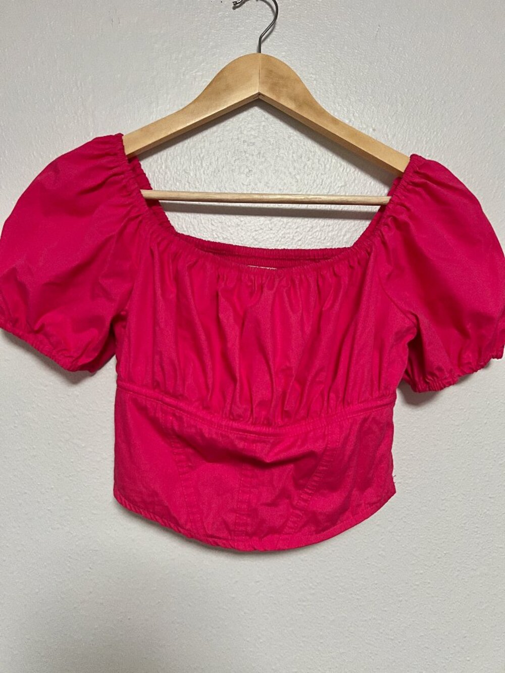 Japna Hot Pink Cotton Puff Sleeve Smocked Corset Crop Top S Barbiecore Fairycore